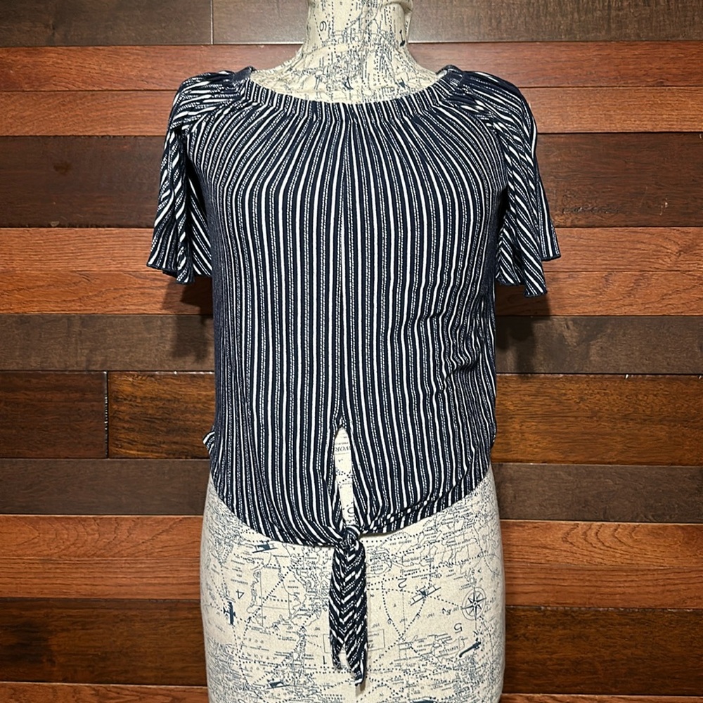 No Brand Tag Off Shoulder Short Sleeve Navy Blue and White Striped Blouse